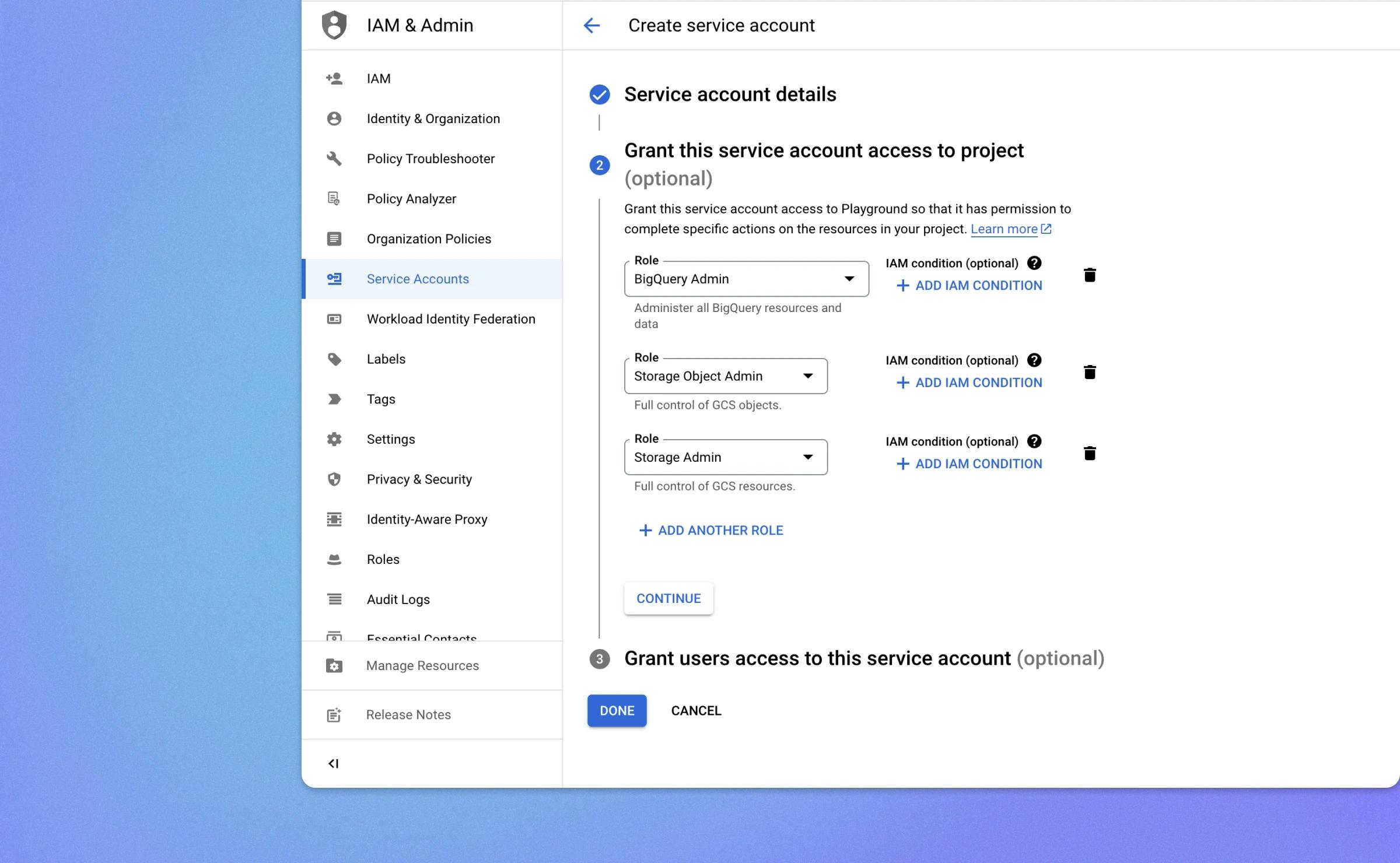 Required service account access roles in Google Cloud.