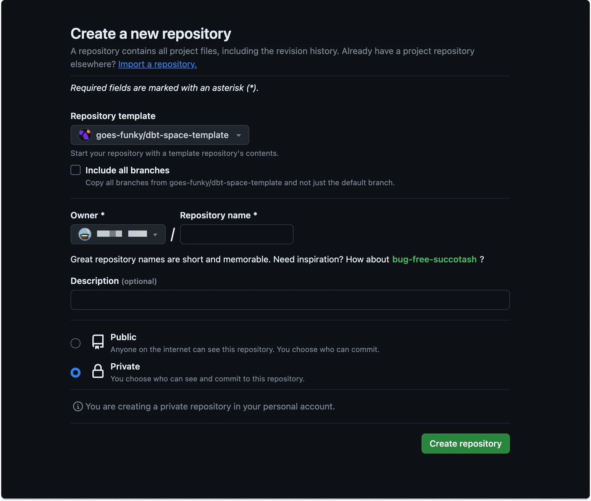 Create a GitHub repository from the Y42 dbt space template