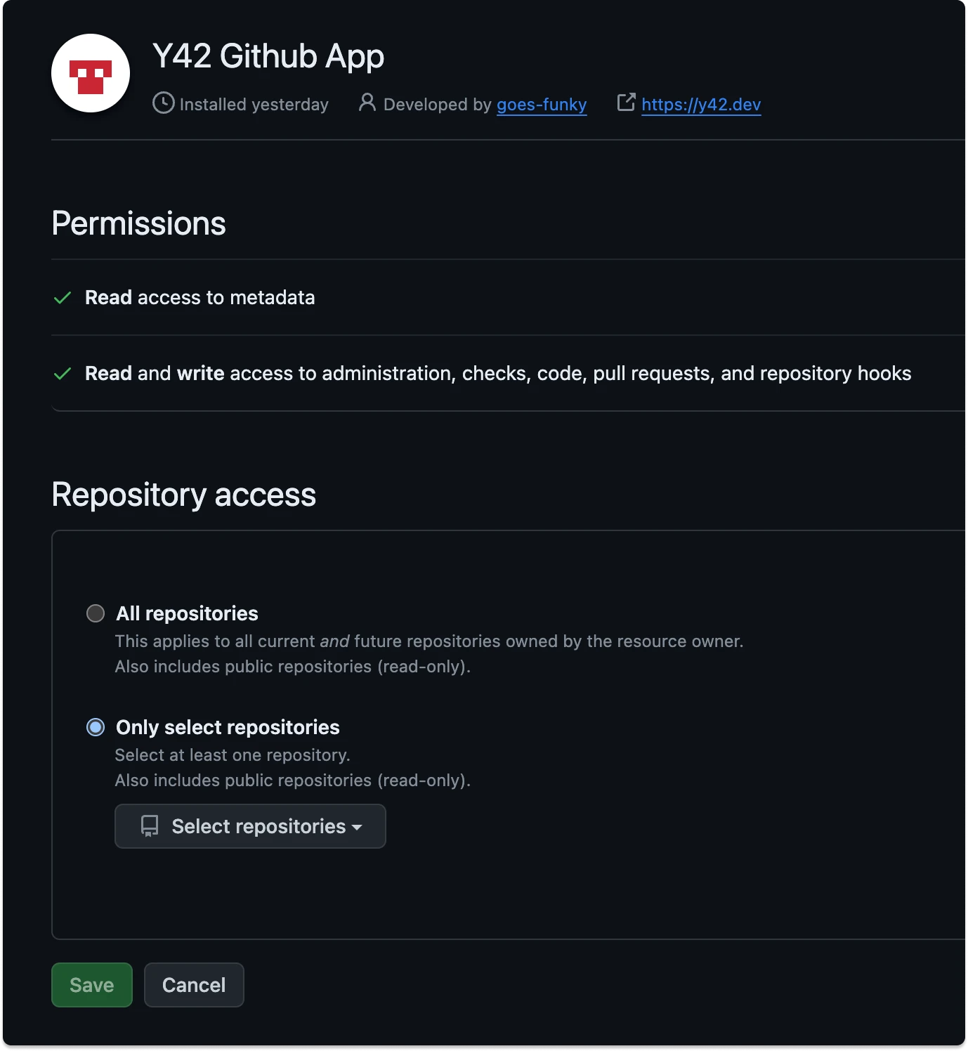 Choose which repositories to grant Y42 access to.