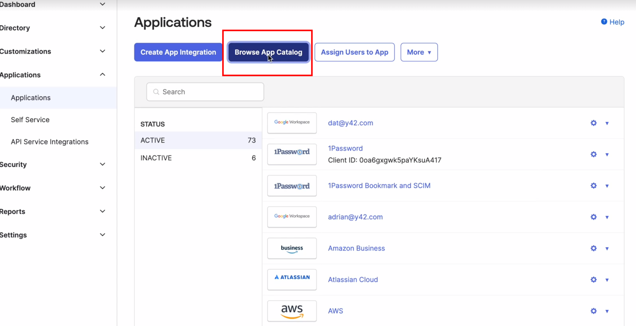 Set-Up Okta in Y42: Search for Y42 application in the Catalog.
